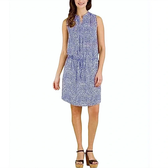 Hilary Radley sleeveless drawstring shift dress navy blue white cheetah - Size 2 - Picture 3 of 10